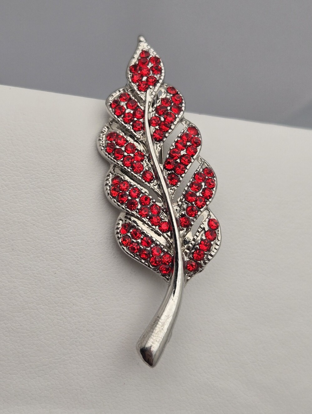 Vintage Red Crystal Leaf Brooch Mid Century Style Statement Pin 2.25”